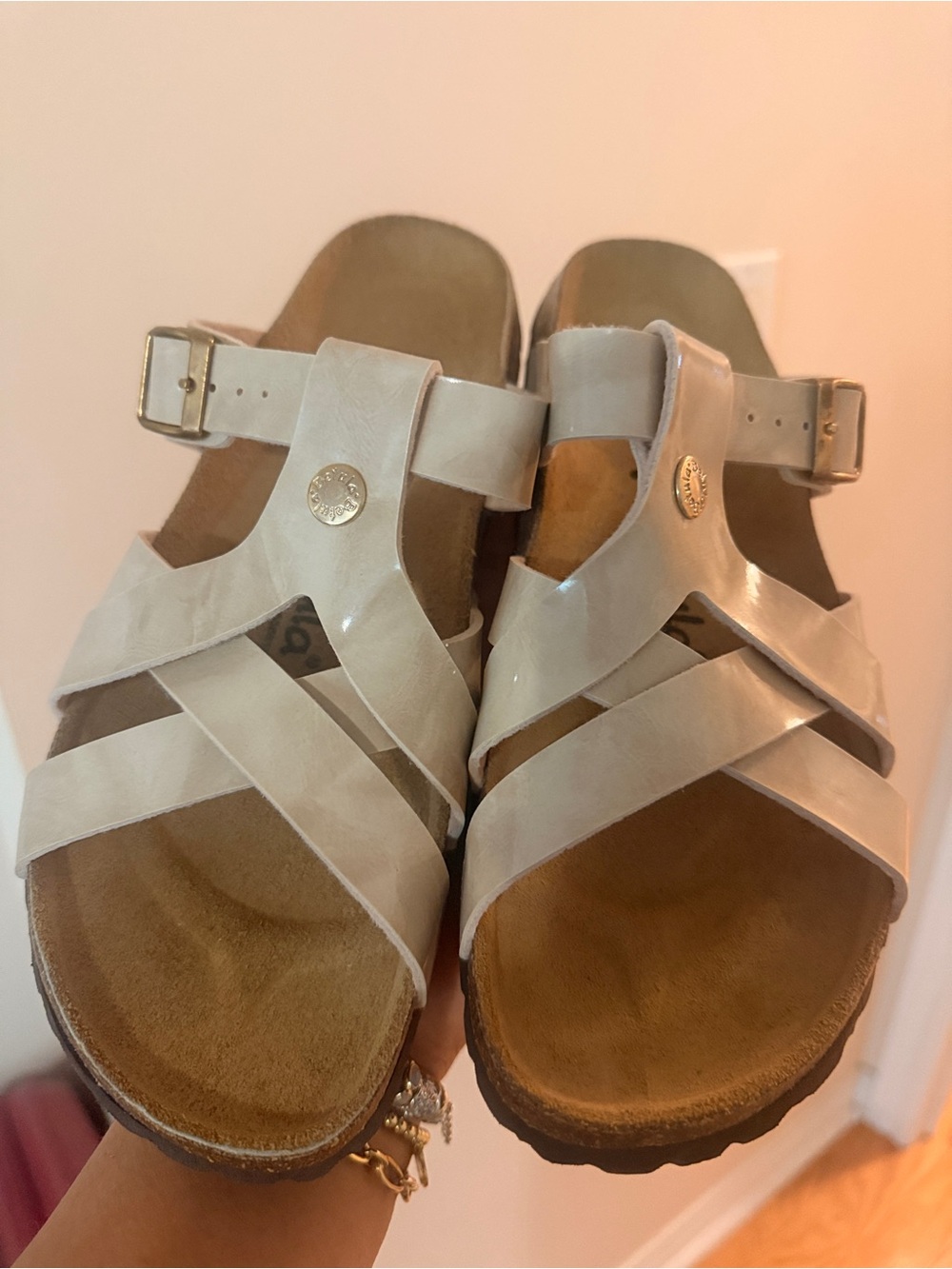 Betula by Birkenstock Women’s Cream Strappy Buckle Sandals w/Contoured Footbed